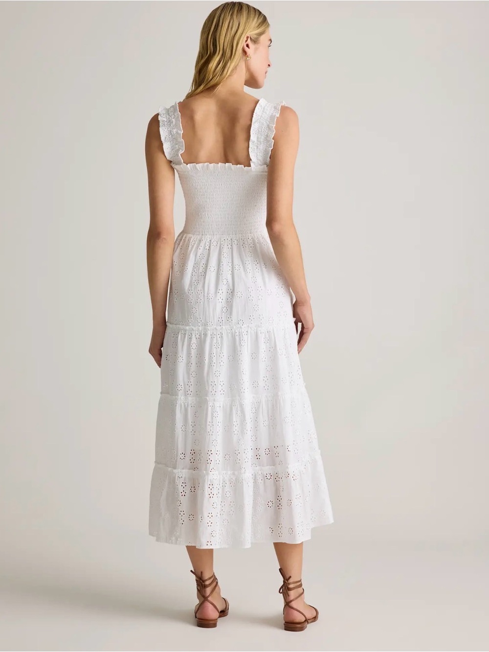 Quince White Eyelet Tiered Midi Dress Medium Smocked Cotton Dress SOLD OUT - Picture 3 of 9